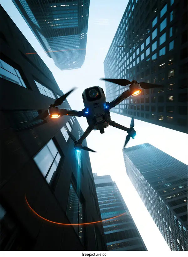 Drone Flying Between Modern City Buildings at Daytime