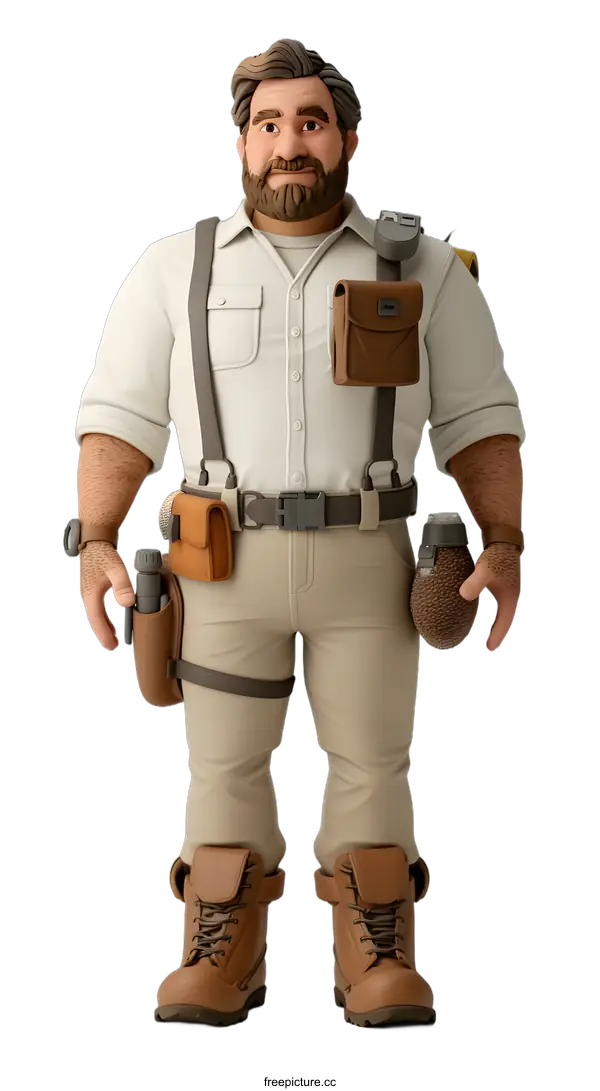[Transparent Background PNG]Explorer with a beard and brown hair wearing a white shirt and brown pants