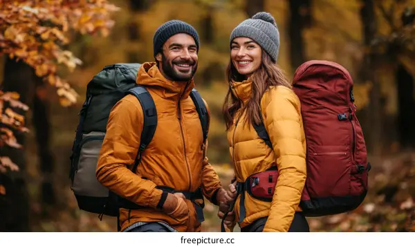 Couple Hiking in Autumn Forest with Backpacks