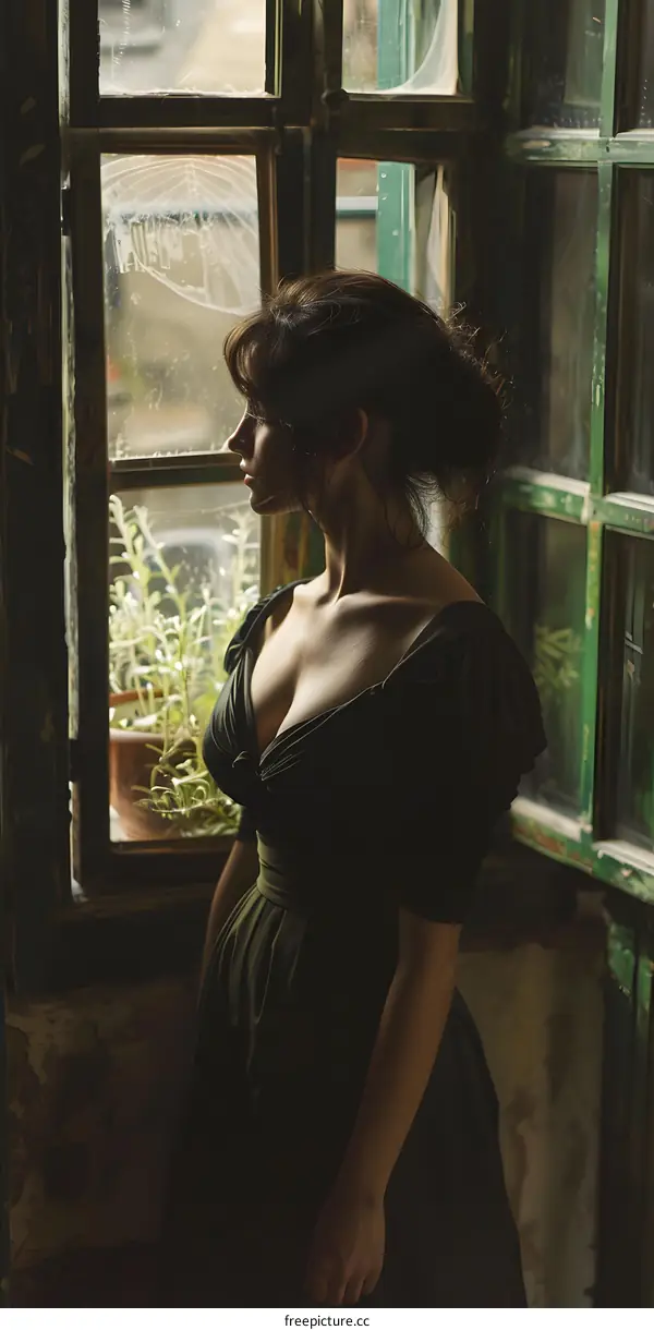 Woman in Black Dress Looking Through Window