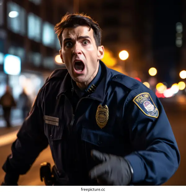 A police officer shouts while chasing a suspect.