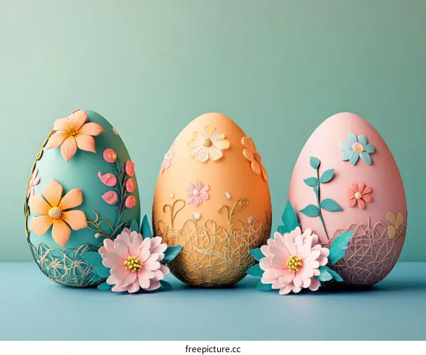 Three Decorative Easter Eggs with Floral Designs