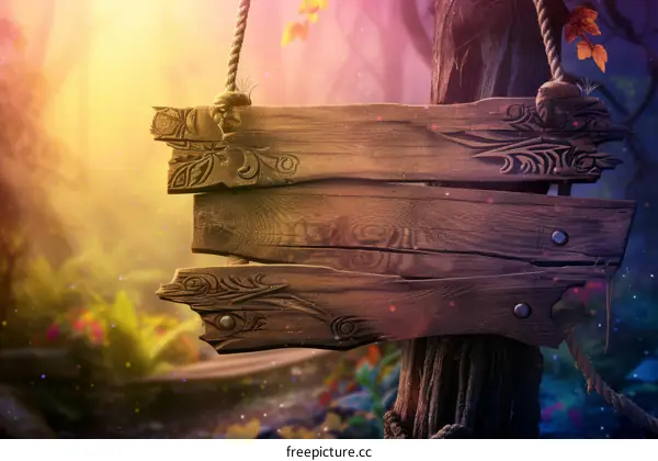 Wooden sign in a magical forest