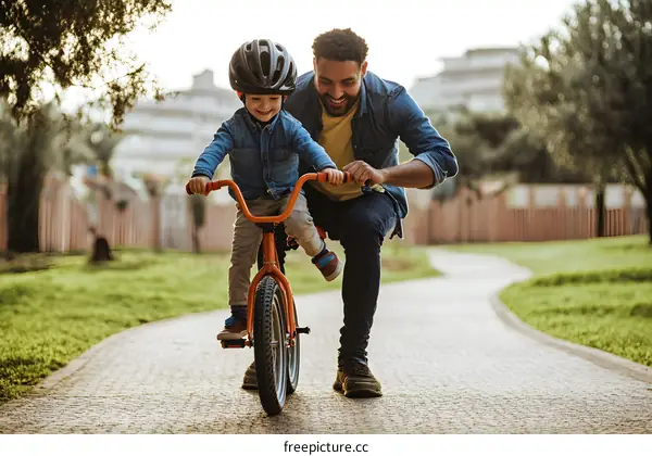 Father Teaching Son to Ride Bike
