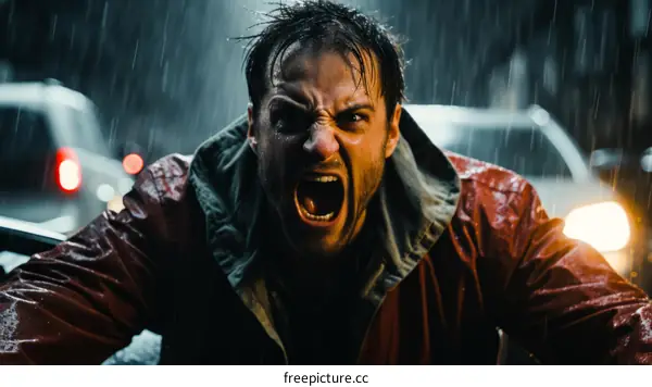 Man screaming in the rain with cars in the background