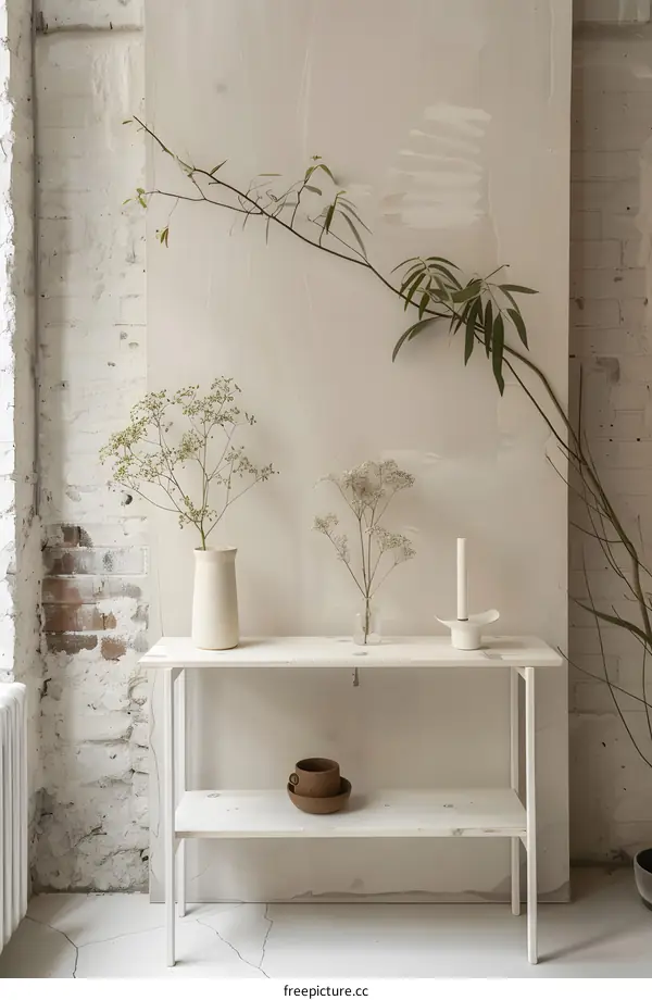 Minimalist White Console Table with Dried Flowers and Candle