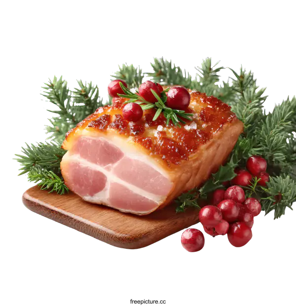 [Transparent Background PNG]Roasted Christmas Ham with Cranberry Garnish
