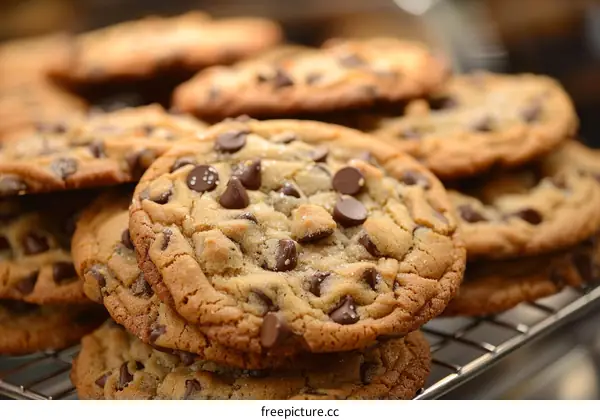 A pile of chocolate chip cookies on a cooling rack