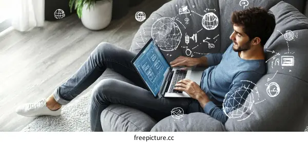 Casual Man Working on Laptop at Home