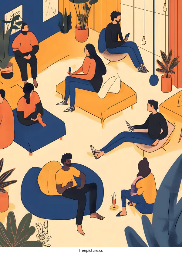 Group of Diverse People Sitting in a Living Room with Plants