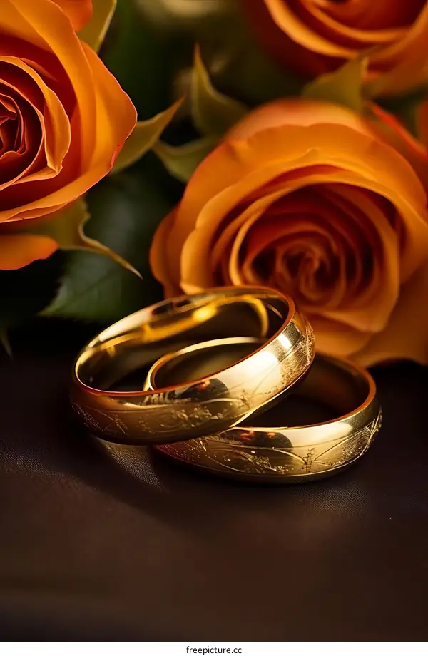 Two gold wedding rings on a black background with orange roses in the background