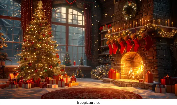 Cozy Christmas Living Room with Decorated Tree and Fireplace