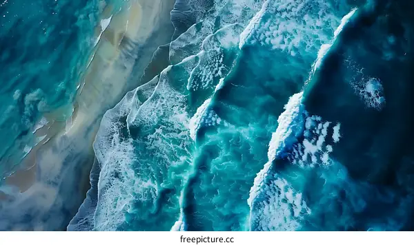 Aerial View of Ocean Waves Breaking on a Sandy Beach