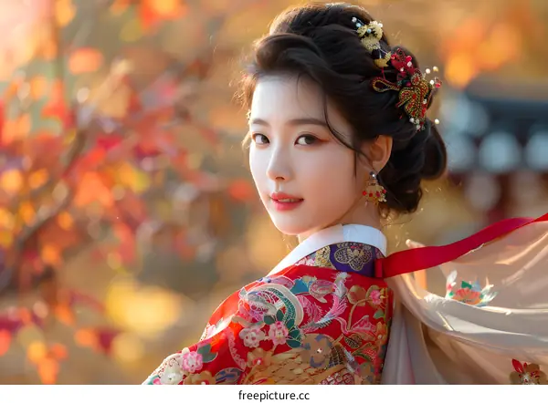 Portrait of a beautiful Korean woman in traditional Hanbok dress