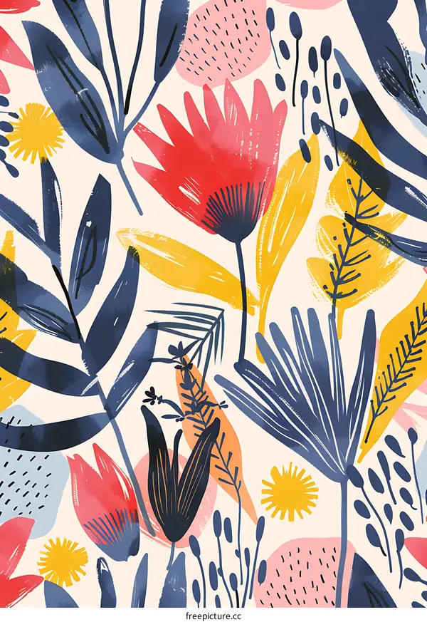 Abstract Floral Pattern with Red and Yellow Flowers