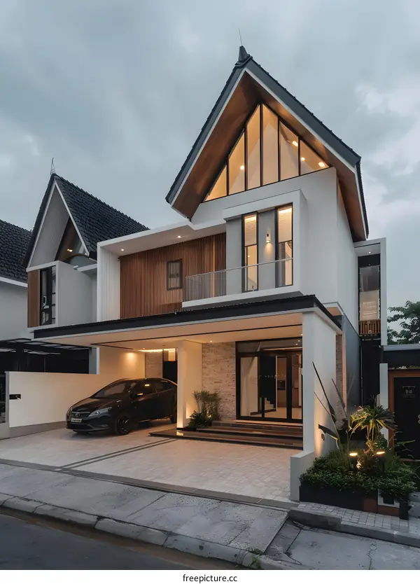 Modern White House with a Triangular Roof and a Black Car in the Driveway