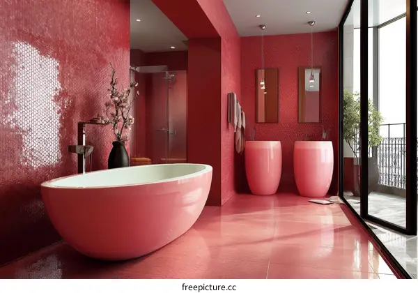 Modern Red Bathroom with Stylish Bathtub and Sinks