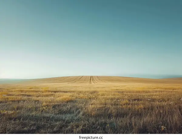 Vast golden wheat field under clear blue sky