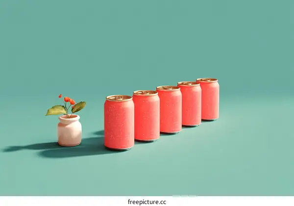 Minimalist Arrangement of Pink Soda Cans and a Small Plant