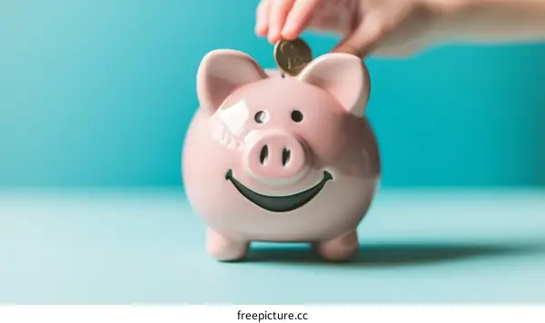 A child's hand putting a coin into a piggy bank