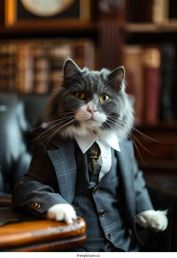 A gray cat wearing a suit and tie is sitting in a leather chair in a library.