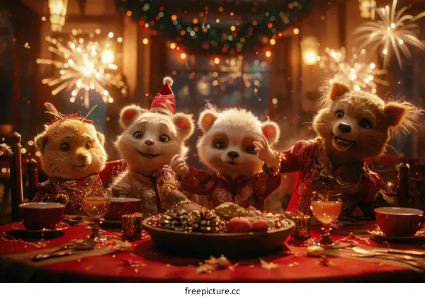 Four cartoon animals celebrate the Spring Festival