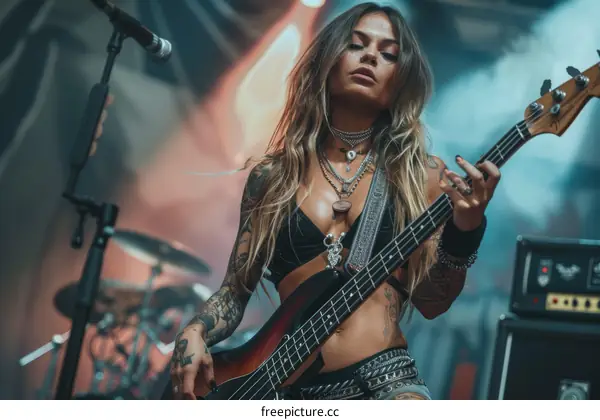 Portrait of a female bass player with long blond hair in a black bikini top and tattoos playing bass guitar on stage