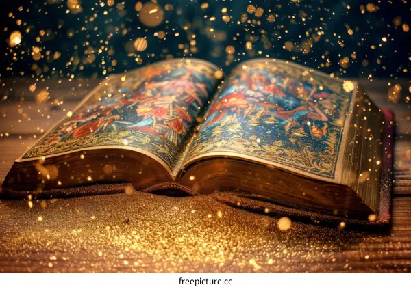 An open book with golden sparkles