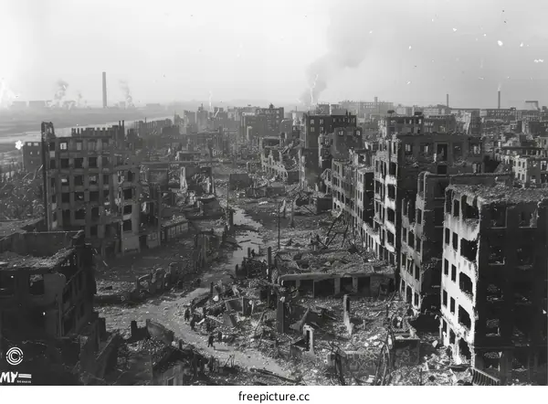 The ruins of the German city of Cologne after World War II