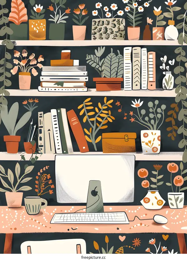 Illustration of a Home Office with Shelves and Plants