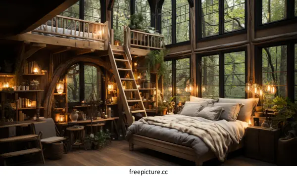A cozy bedroom in a treehouse with a view of the forest