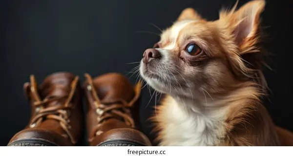 A Curious Chihuahua Looks at a Pair of Brown Leather Boots