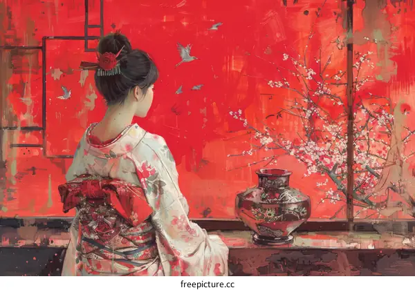 Japanese Woman in Kimono Looking Out Window
