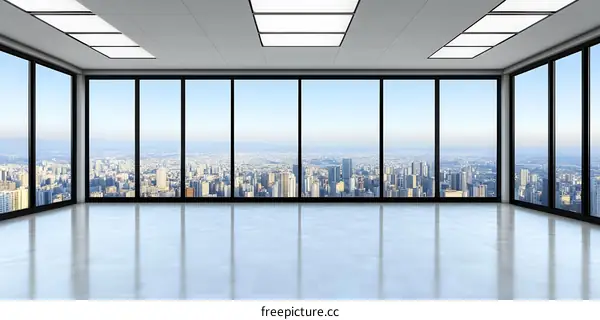 Modern Office Room With Large Windows View of Cityscape