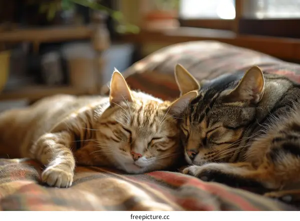 Two cute cats sleeping on a blanket