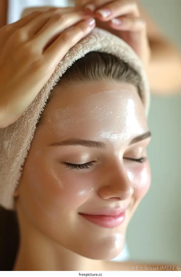 Close-up of a young woman receiving a facial treatment at a spa