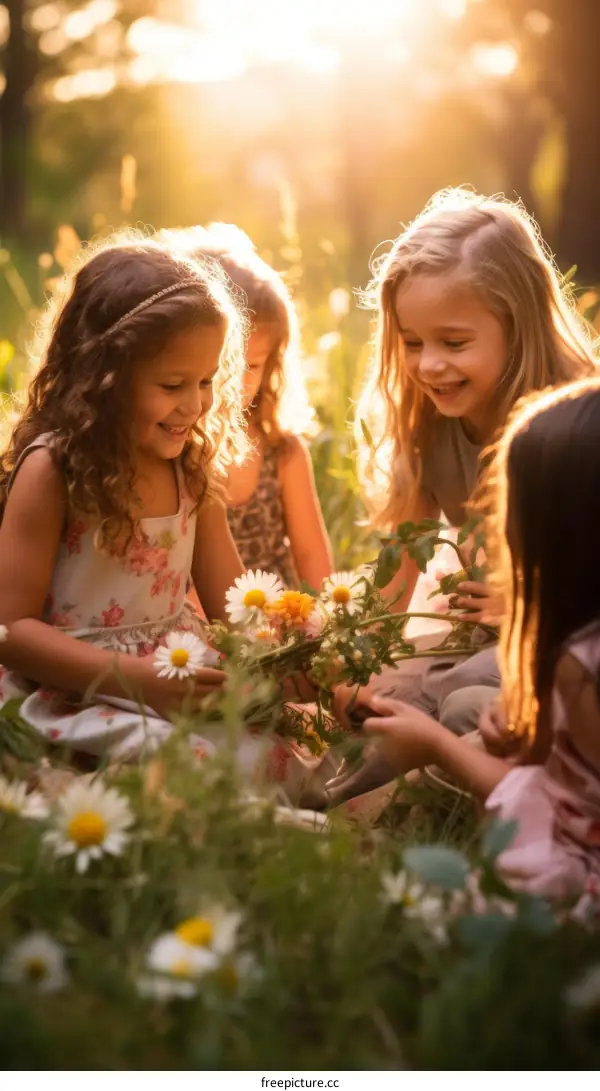 Four happy little girls picking daisies in a field