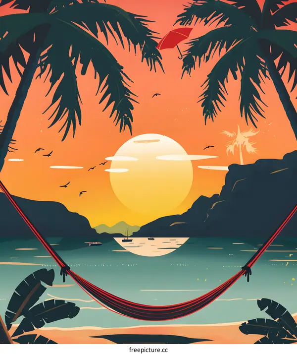Sunset Beach with Hammock and Palm Trees