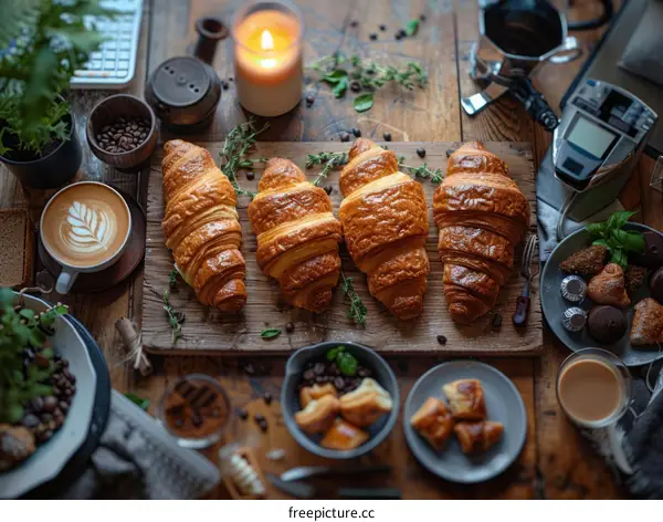 Four croissants on a wooden table