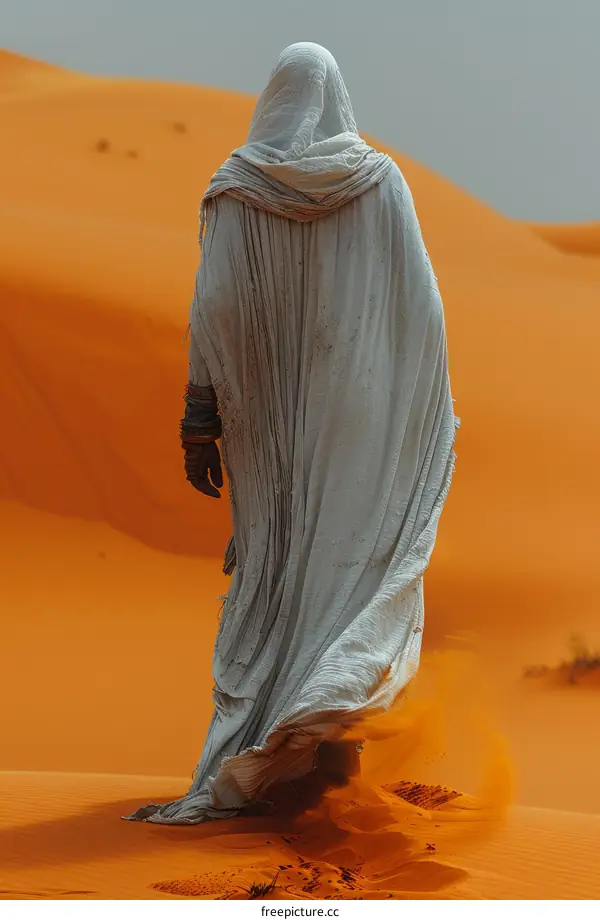 A person in a white robe walks through the desert