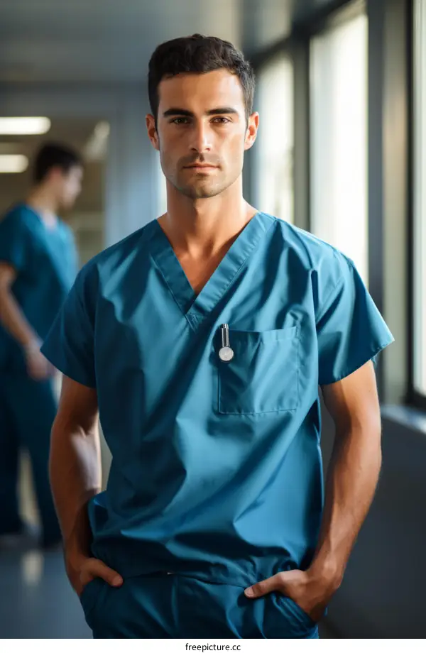 Portrait of a male doctor in blue uniform standing in a hospital hallway