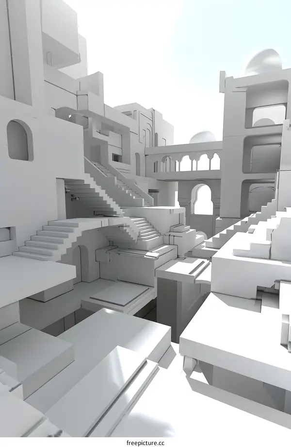 Abstract White Architectural Structure with Multiple Stairs and Arched Windows