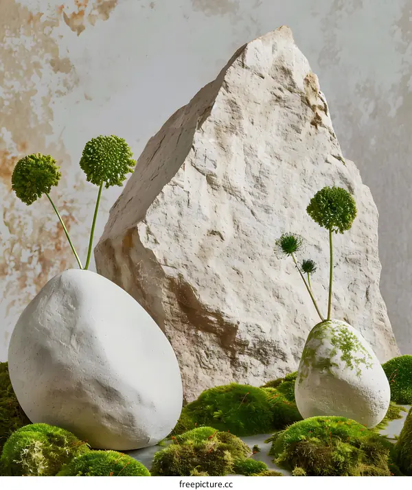 Stone Vase with Flowers on Green Moss