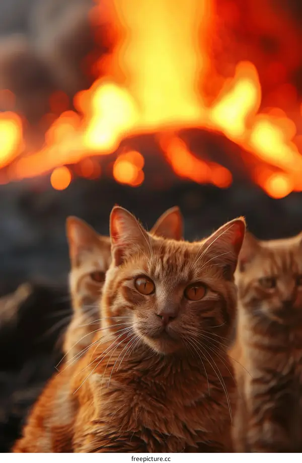 Three Ginger Cats Behold Volcanic Eruption