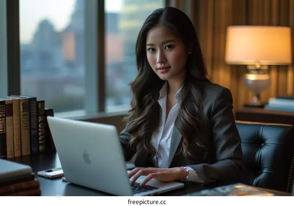 Asian businesswoman working on laptop in modern office
