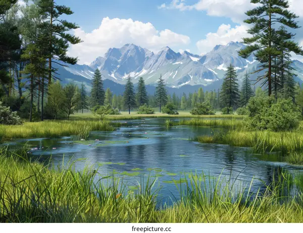 Beautiful Landscape with Mountains, Forest, River, and Wildlife
