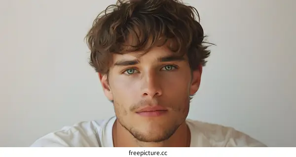 Portrait of Young Man with Blue Eyes and Wavy Brown Hair