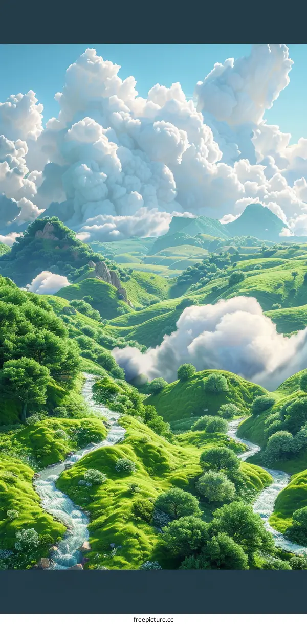 Fantasy Green Hills Scenic Landscape Illustration