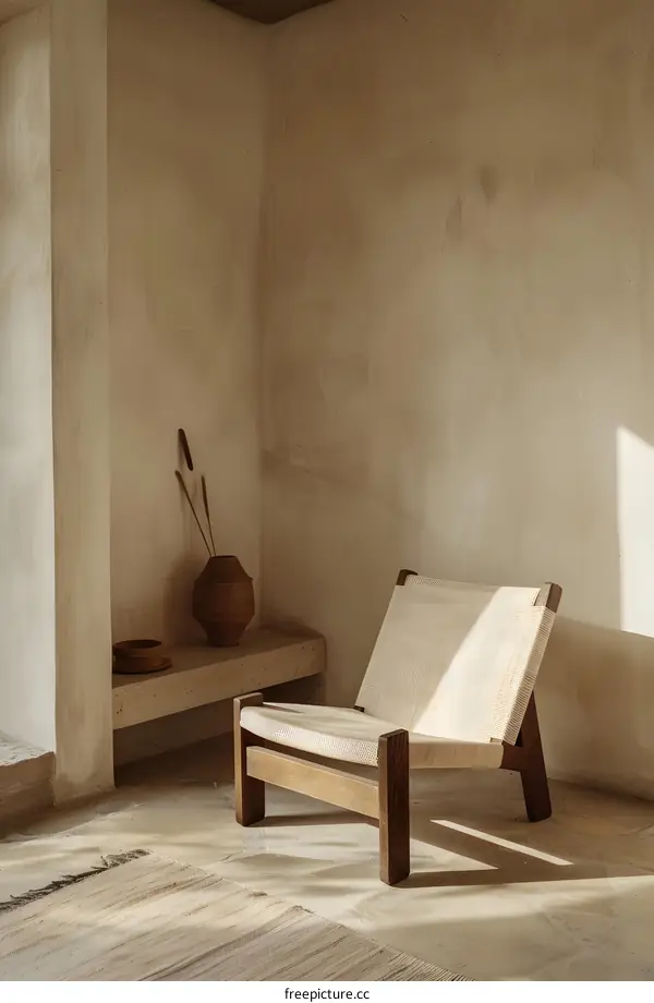Minimalist Wooden Chair in a Beige Room with a Clay Vase