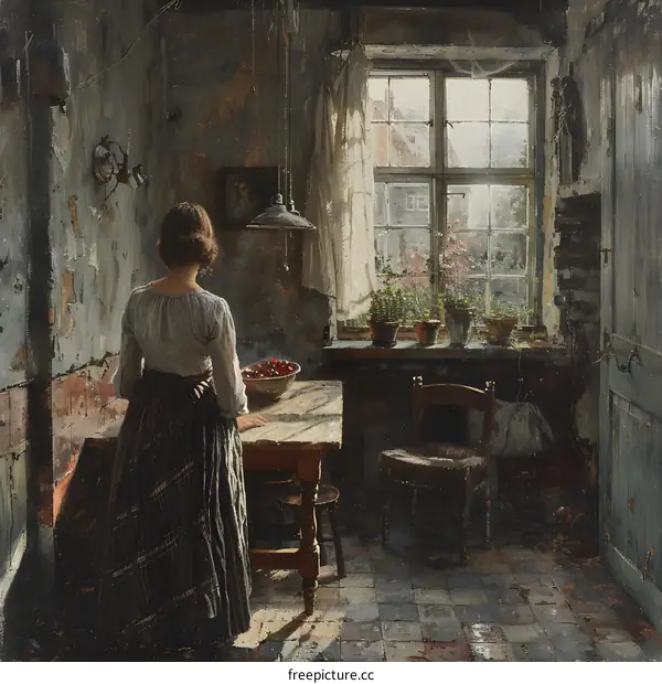 A woman standing in a kitchen looking out the window